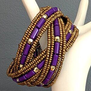 Purple and bronze/antique gold seed bead wire bracelet